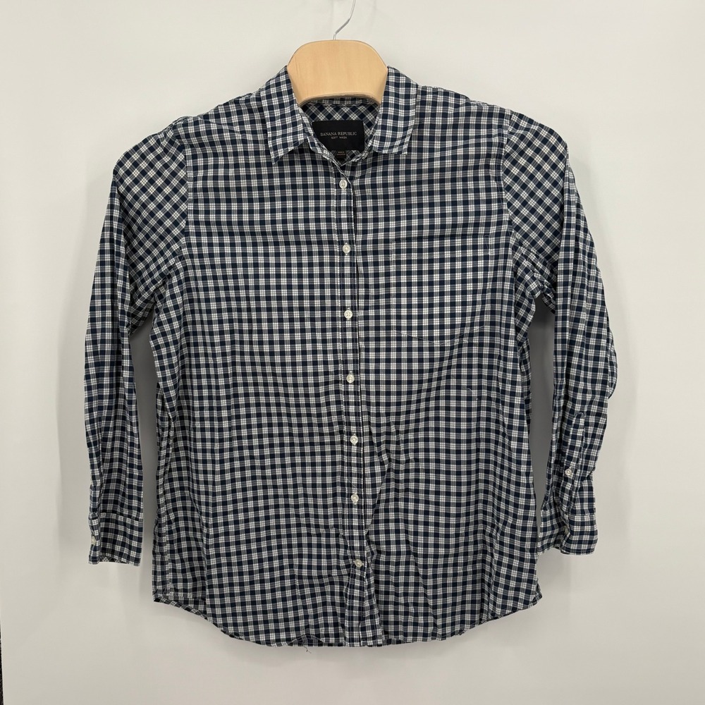 Banana Republic Soft Wash Navy Blue Gingham Check Cotton Button Down Shirt XL